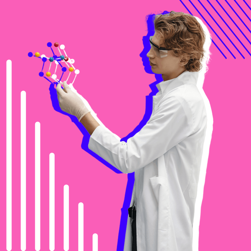 Scientist in lab coat examining a molecular model against a pink background with graph-themed graphics.